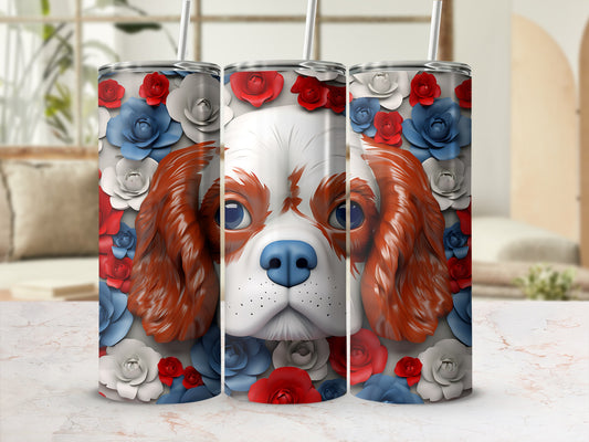 Tumbling dog face with red and blue flowers.
