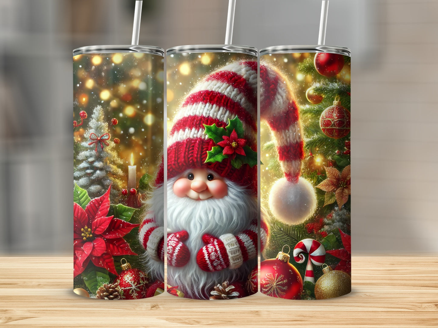 Three festive gnome tumblers with Christmas decorations and bokeh lights.