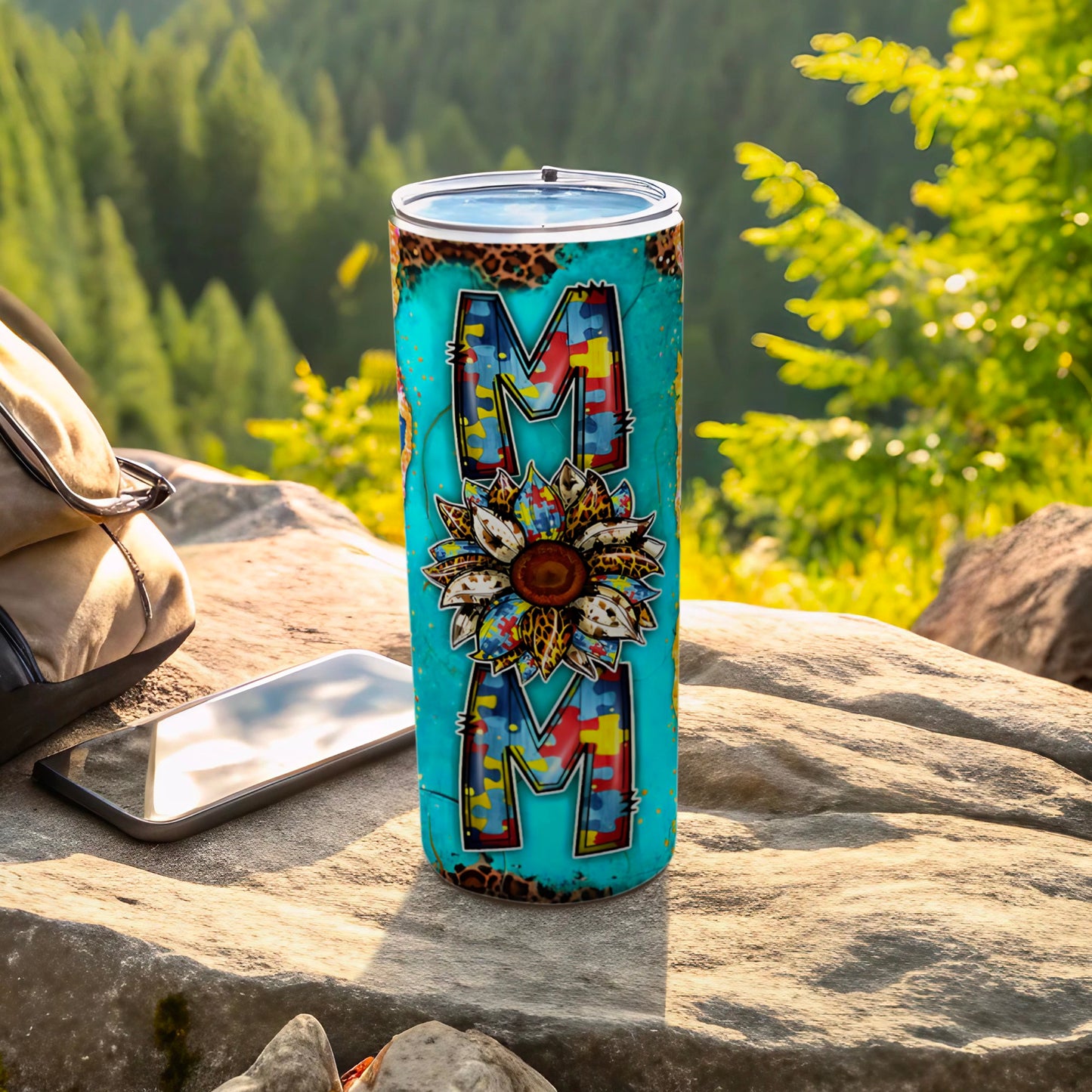 Autism awareness Mom tumbler with sunflower and leopard print.
