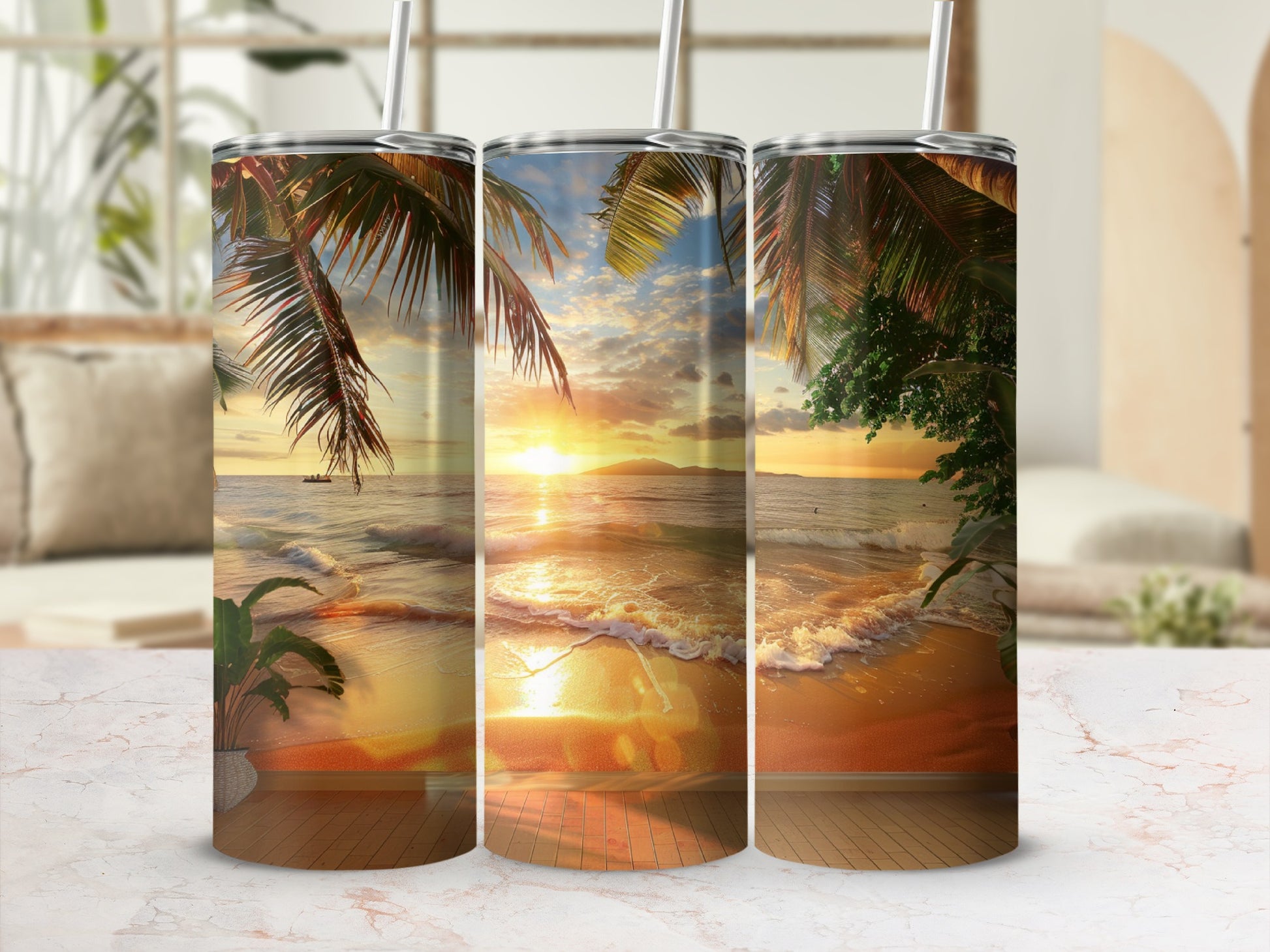 Three tumblers with a sunset beach scene and palm trees.