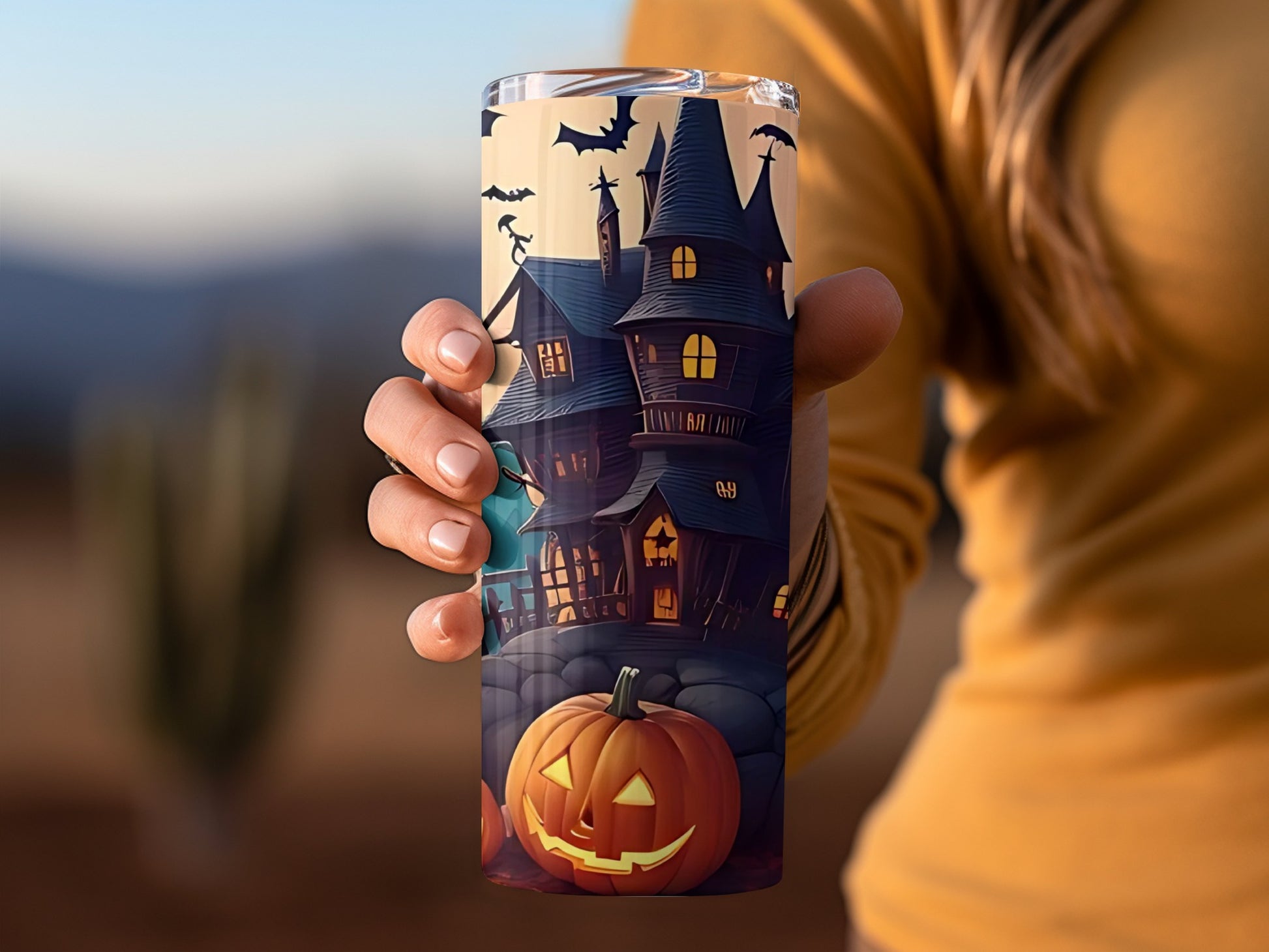 Halloween Haunted House with Pumpkins tumbler
