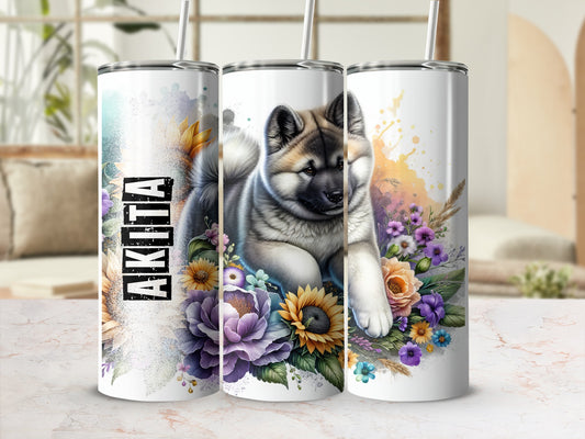 Akita dog on a white tumbler with floral watercolor accents.