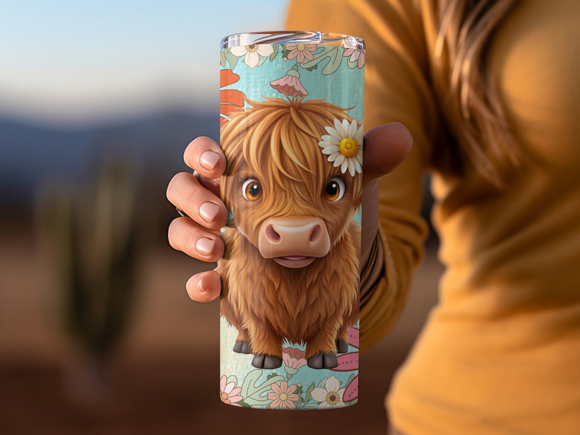 Adorable Highland Cow with Flower Print Tumbler