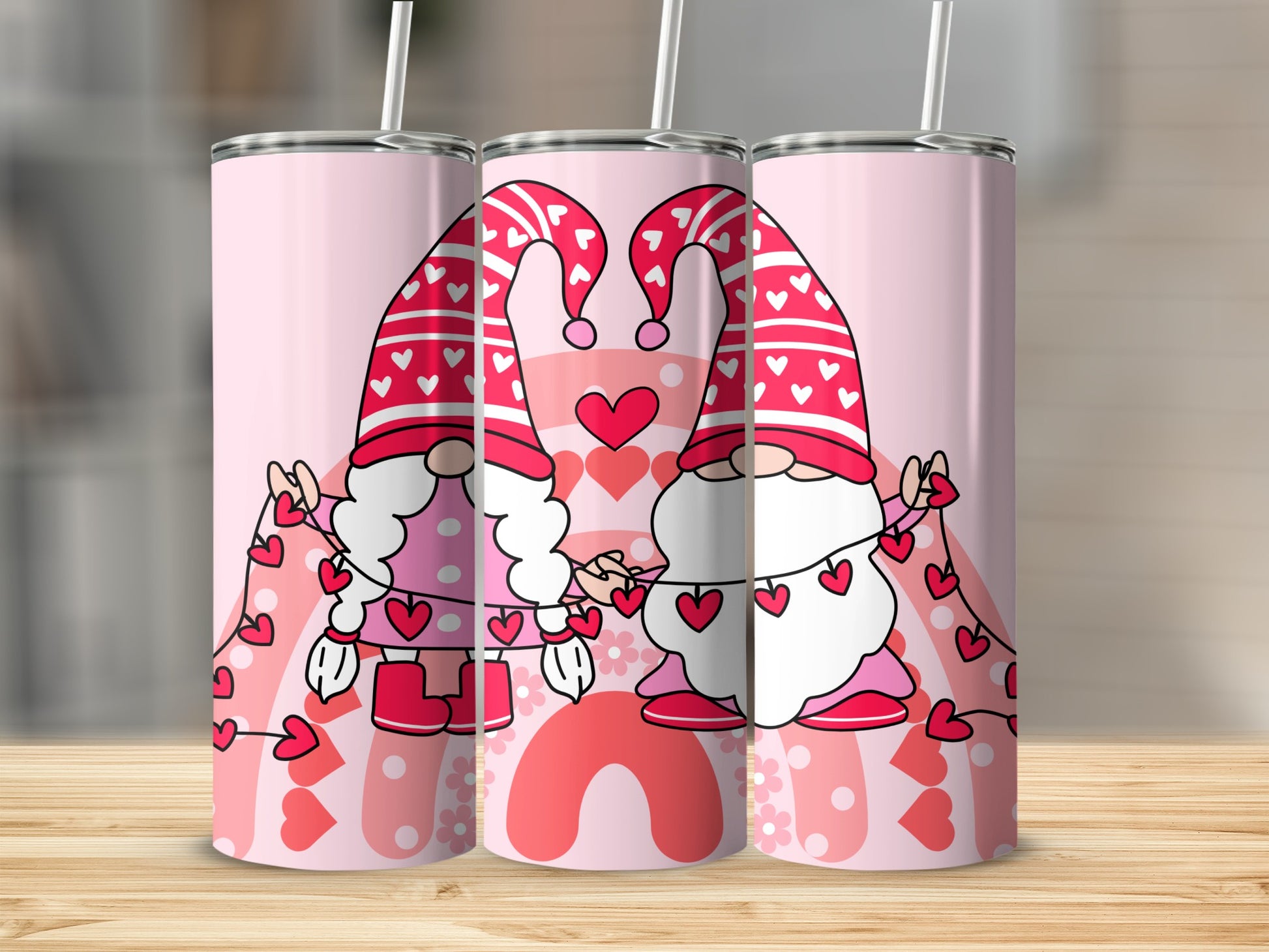 Pink Gnome Love Hearts Tumbler for Valentine's Day