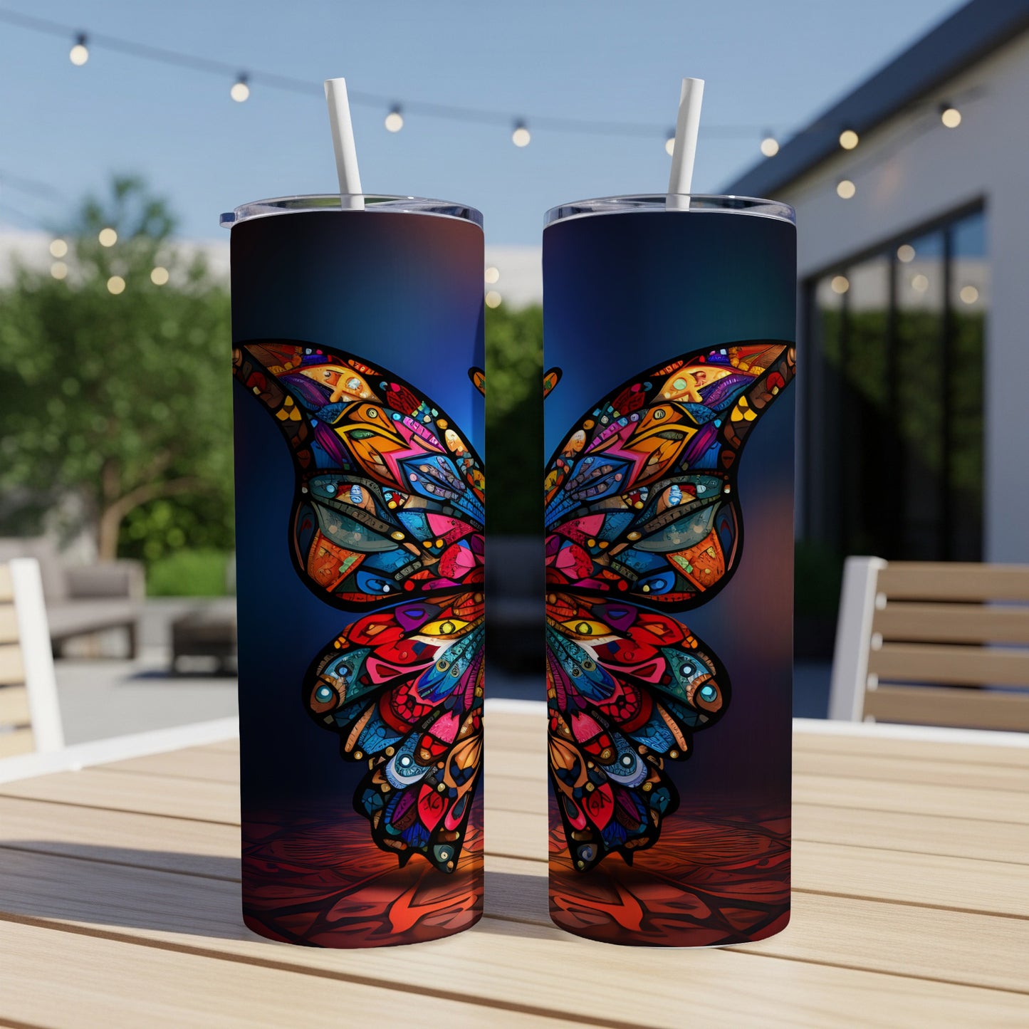 Two stainless steel tumblers with colorful stained-glass butterfly design.