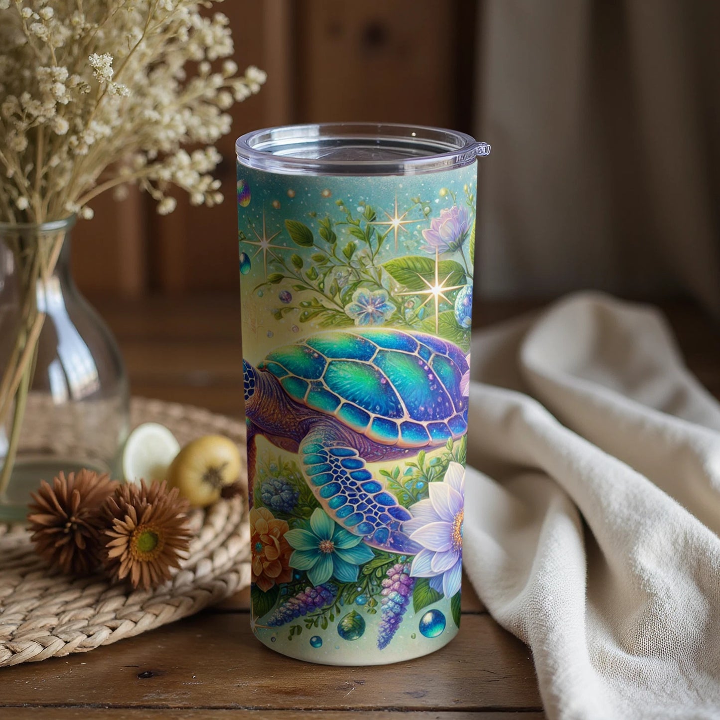 Colorful Turtle and Floral Design Tumbler Drinkware