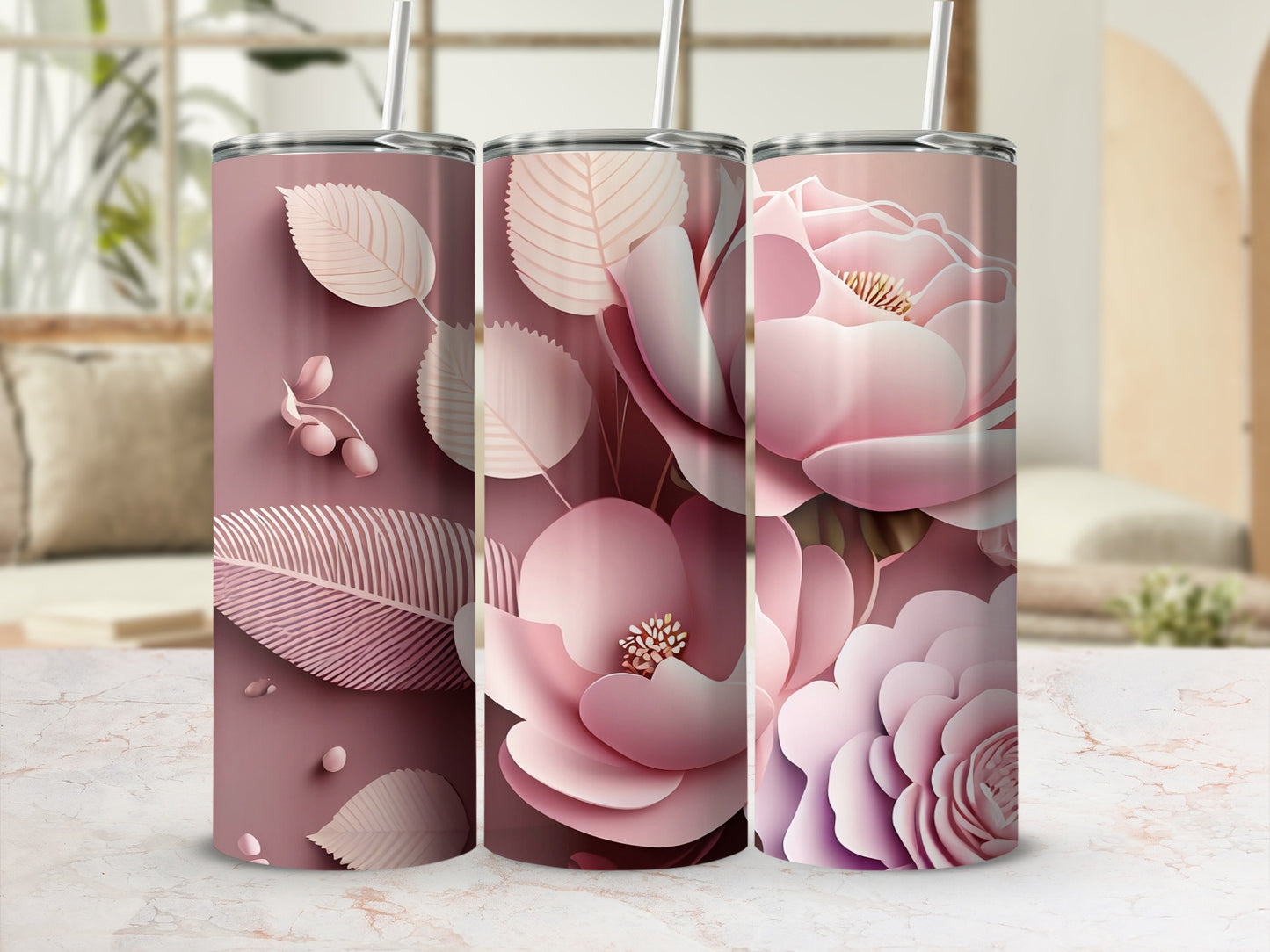Pink Floral Patterned Insulated Tumbler 3-Pack