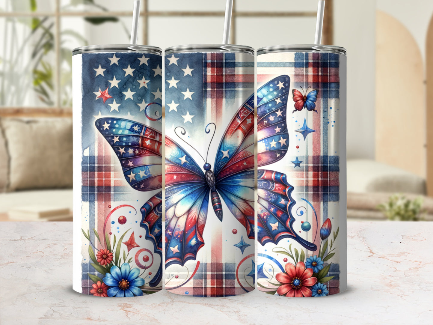 Tumbler with American flag butterfly and red, white, and blue floral accents.