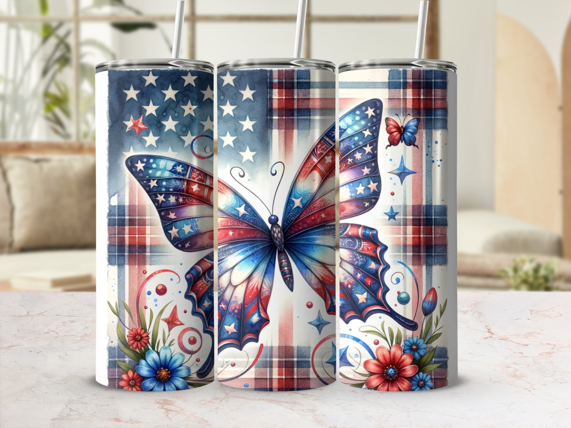 Tumbler with American flag butterfly and red, white, and blue floral accents.