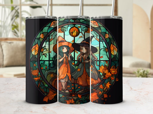 Triptych tumbler with stained glass art of two witches and autumn leaves.