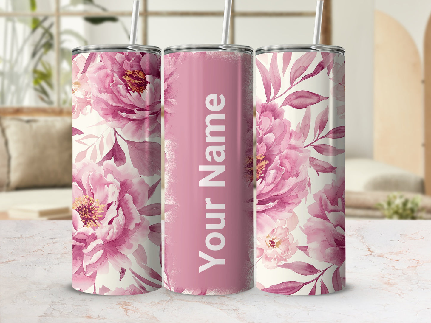 Custom Pink Floral Tumbler with Personalized Name Design
