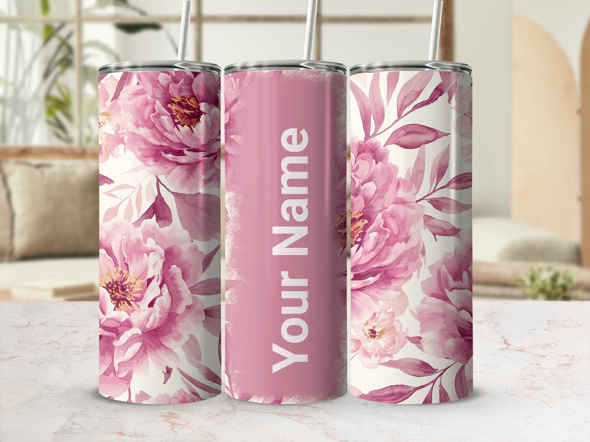 Custom Pink Floral Tumbler with Personalized Name Design