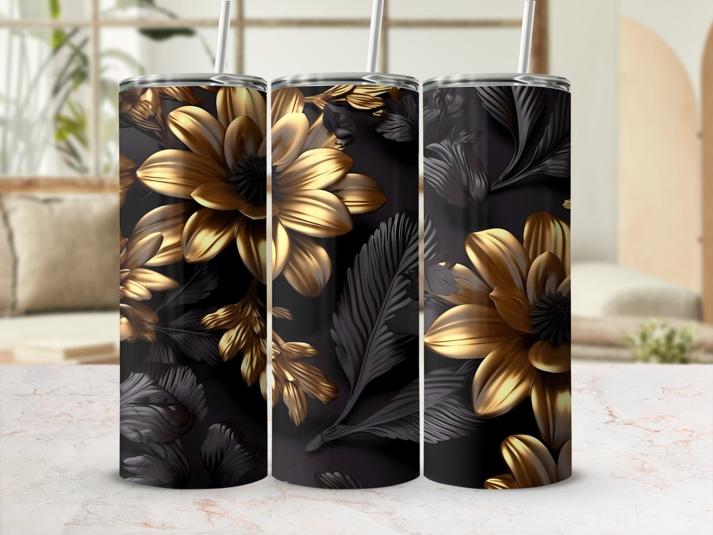 Elegant Black and Gold Floral Design Tumbler