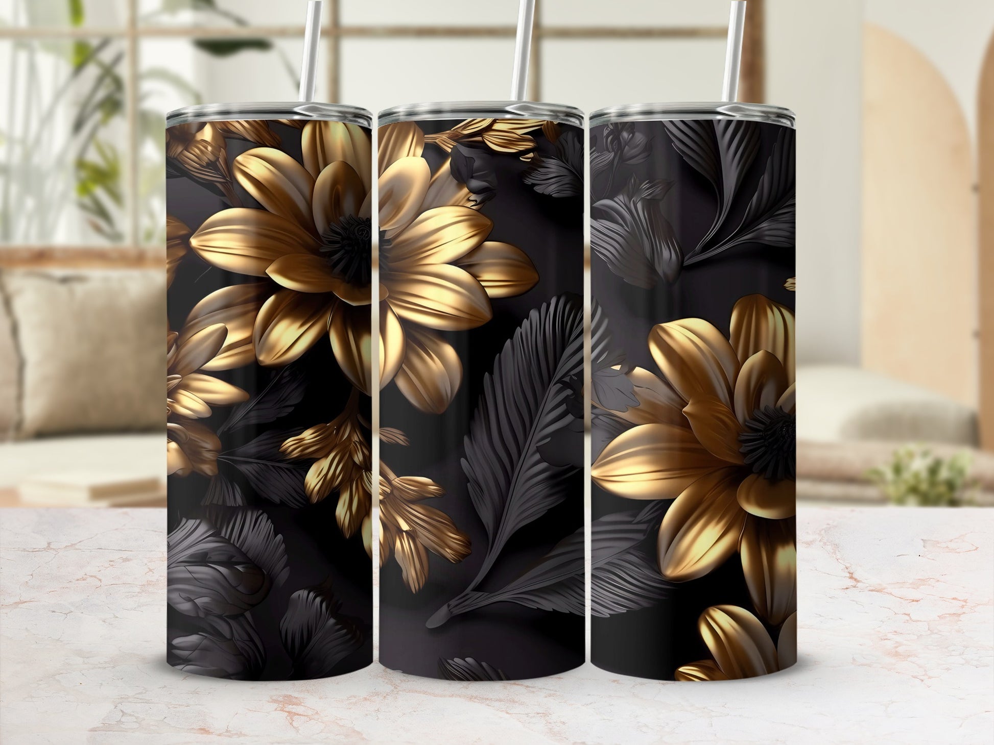 Elegant Black and Gold Floral Design Tumbler