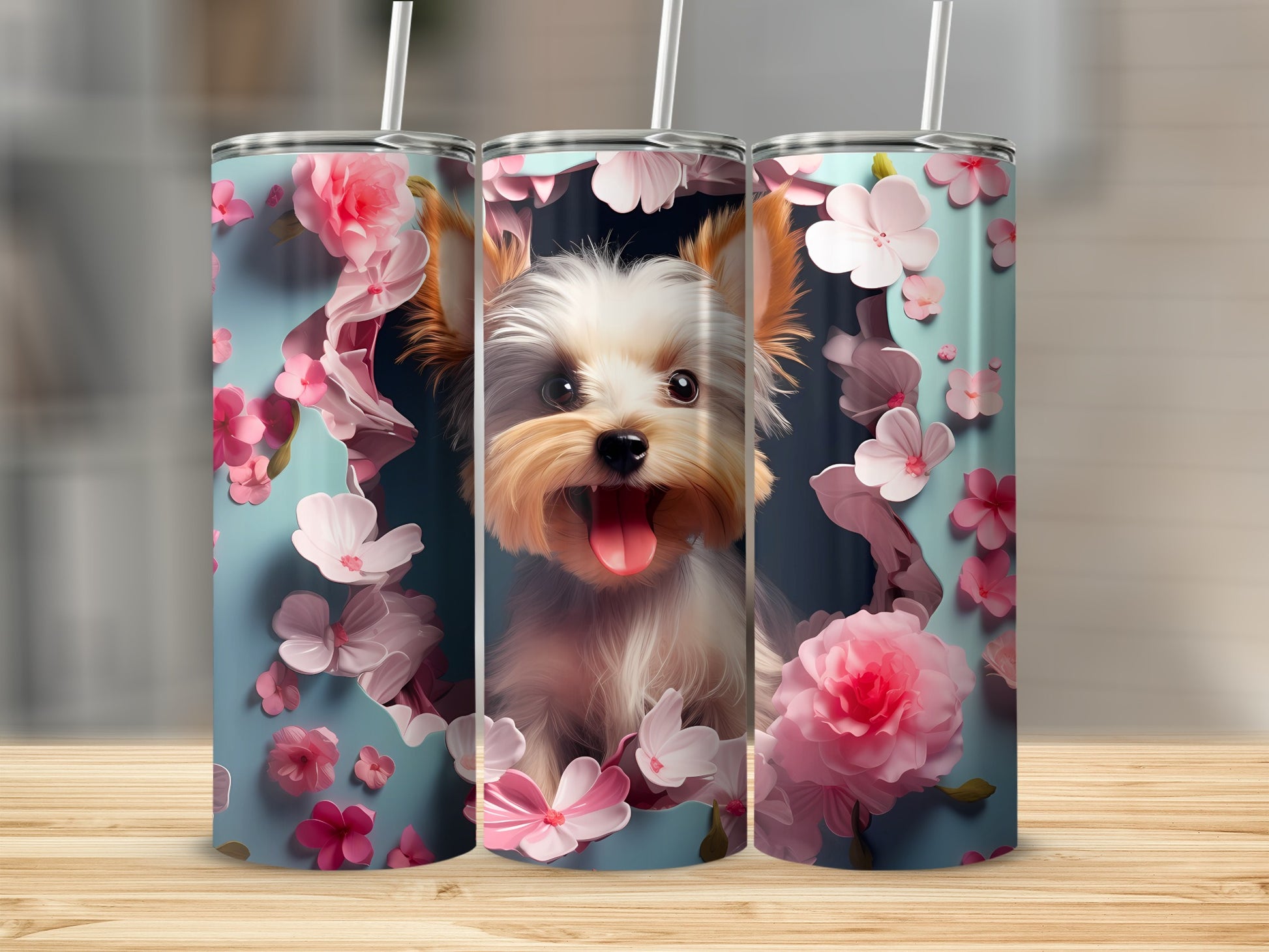 Yorkie Puppy Pink Flowers Blue Happy Design product type
