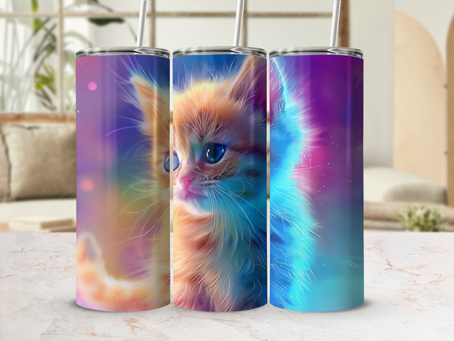 Three tumblers featuring a fluffy kitten with blue eyes and colorful light.