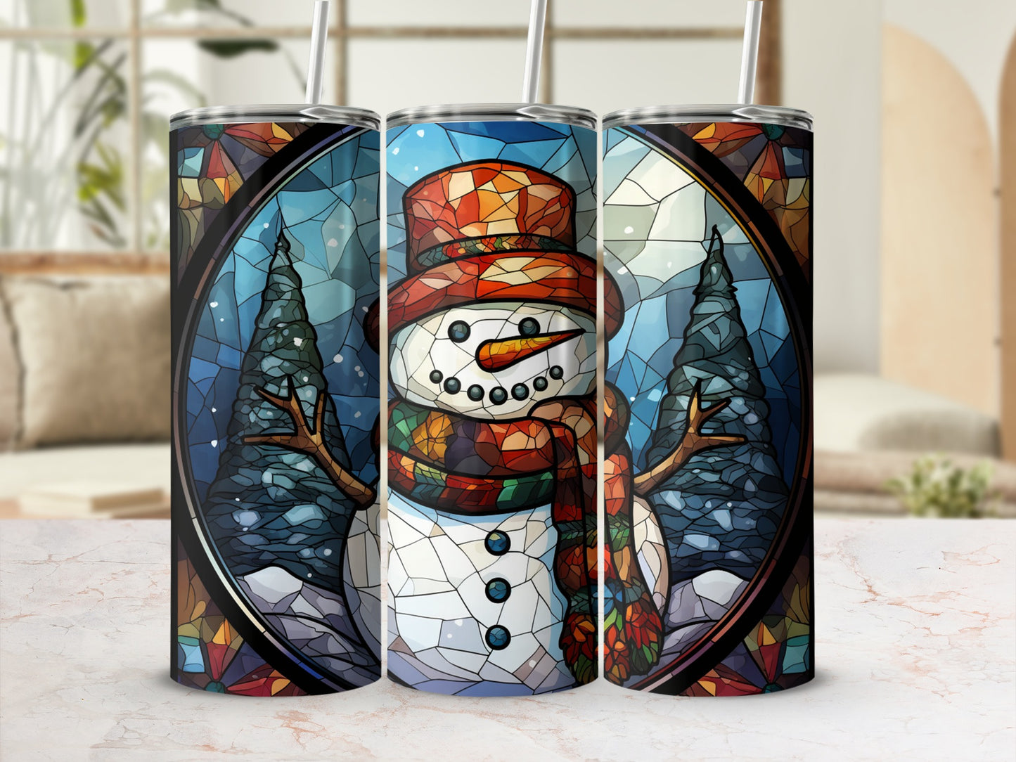 Stained glass snowman with colorful scarf and hat, winter trees, white background.