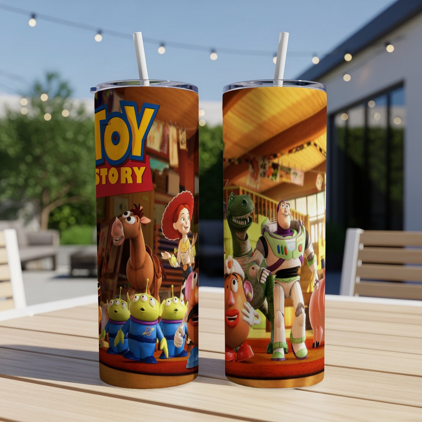Toy Story tumbler with Woody, Buzz Lightyear, Rex, aliens, and Slinky Dog.