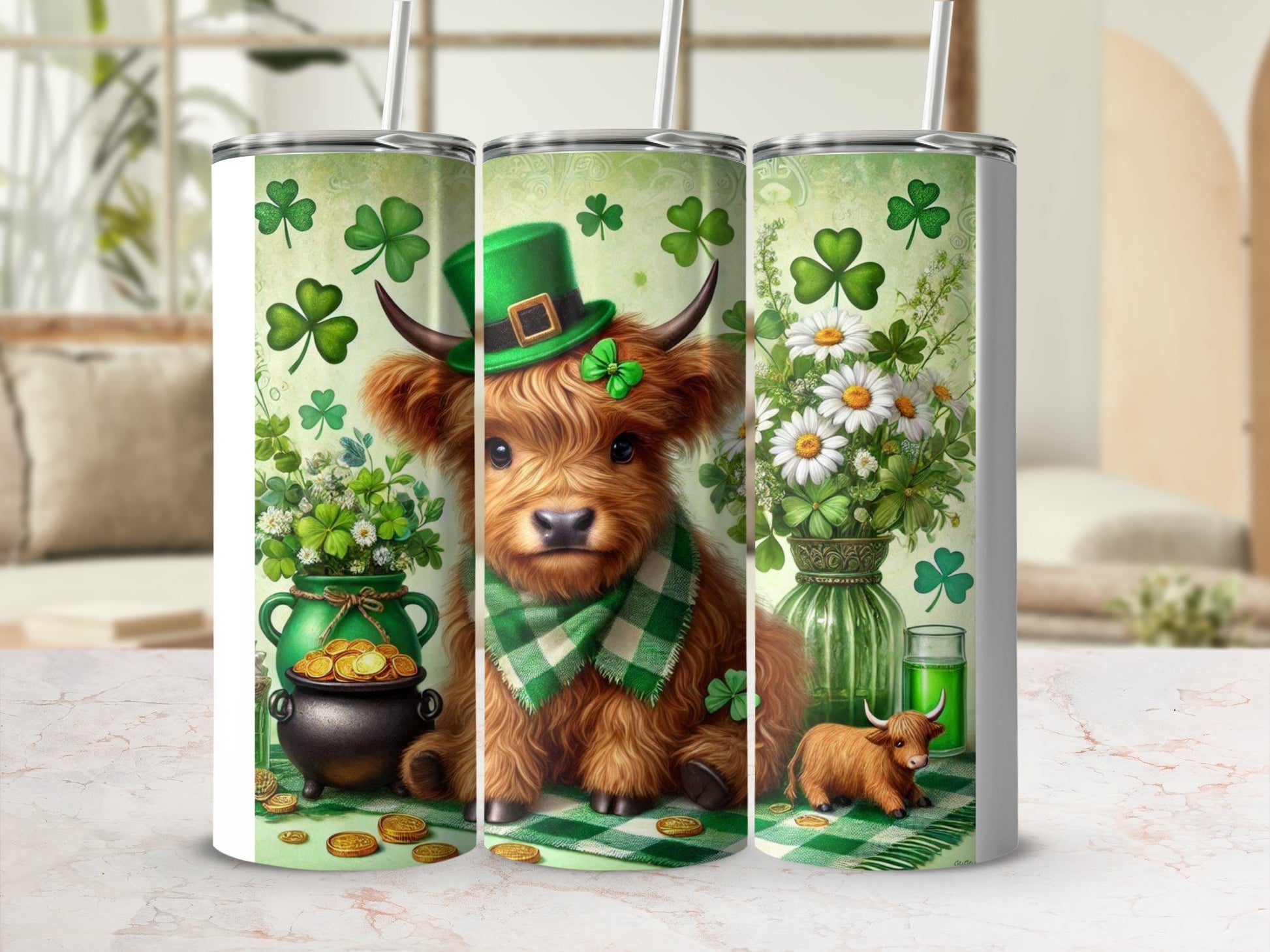 Highland cow wearing a green hat and scarf, surrounded by shamrocks and coins.