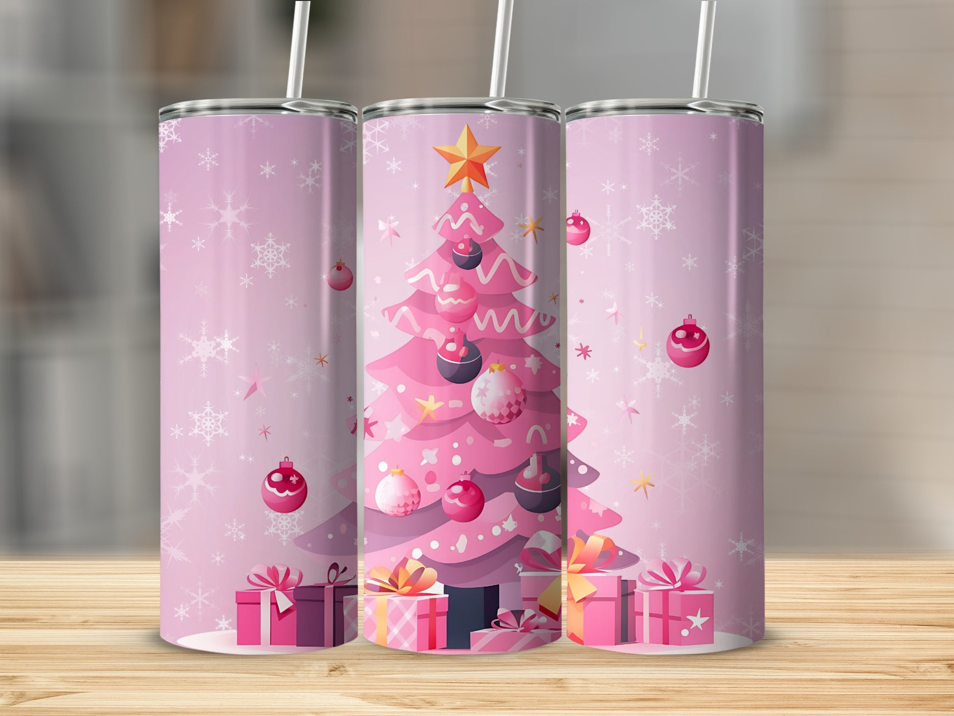Pink Christmas Tree with Presents Design Tumbler