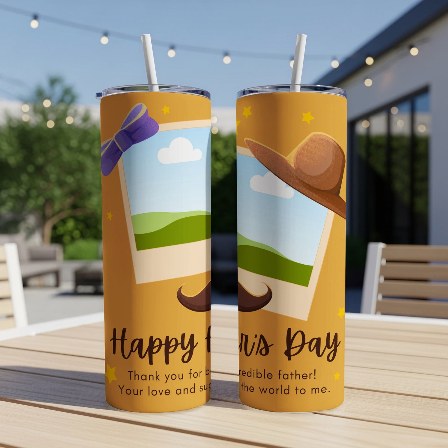 Two tumblers with "Happy Father's Day" text and illustrated bow, mustache, and hat.
