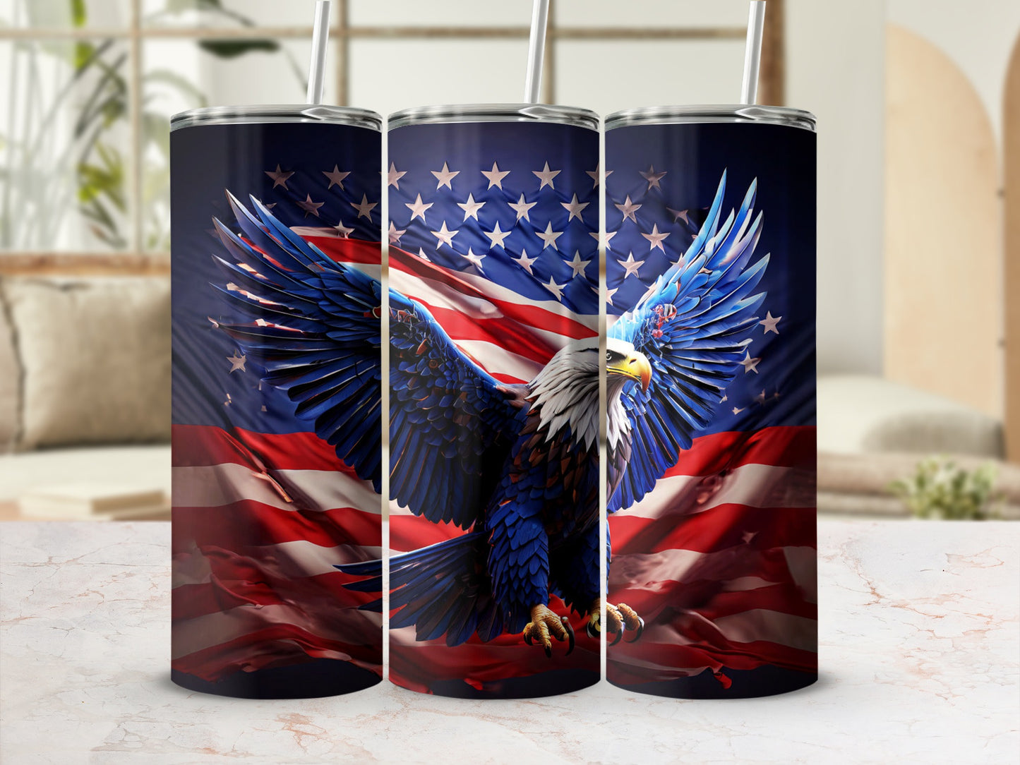 American flag tumbler with eagle design.