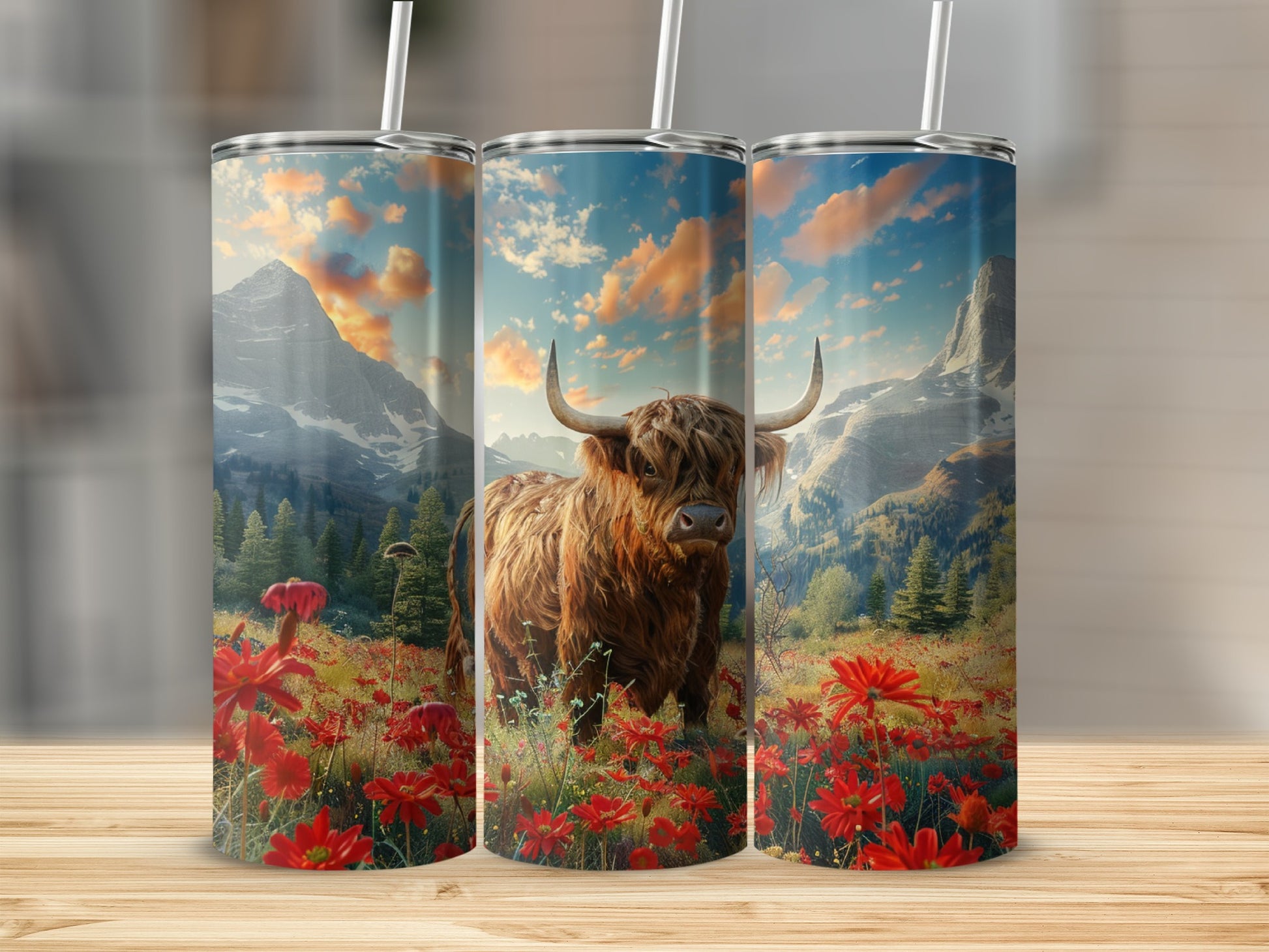 Highland cow in a field of red poppies with mountains in the background.