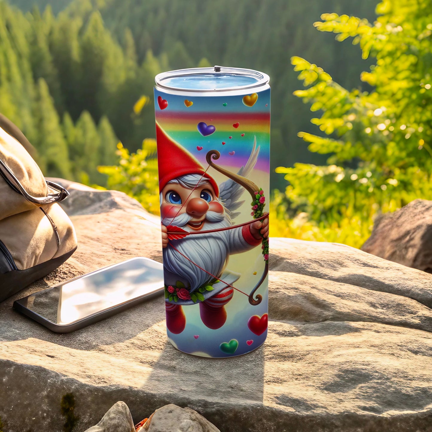Rainbow Gnome Archer with Hearts Tumbler