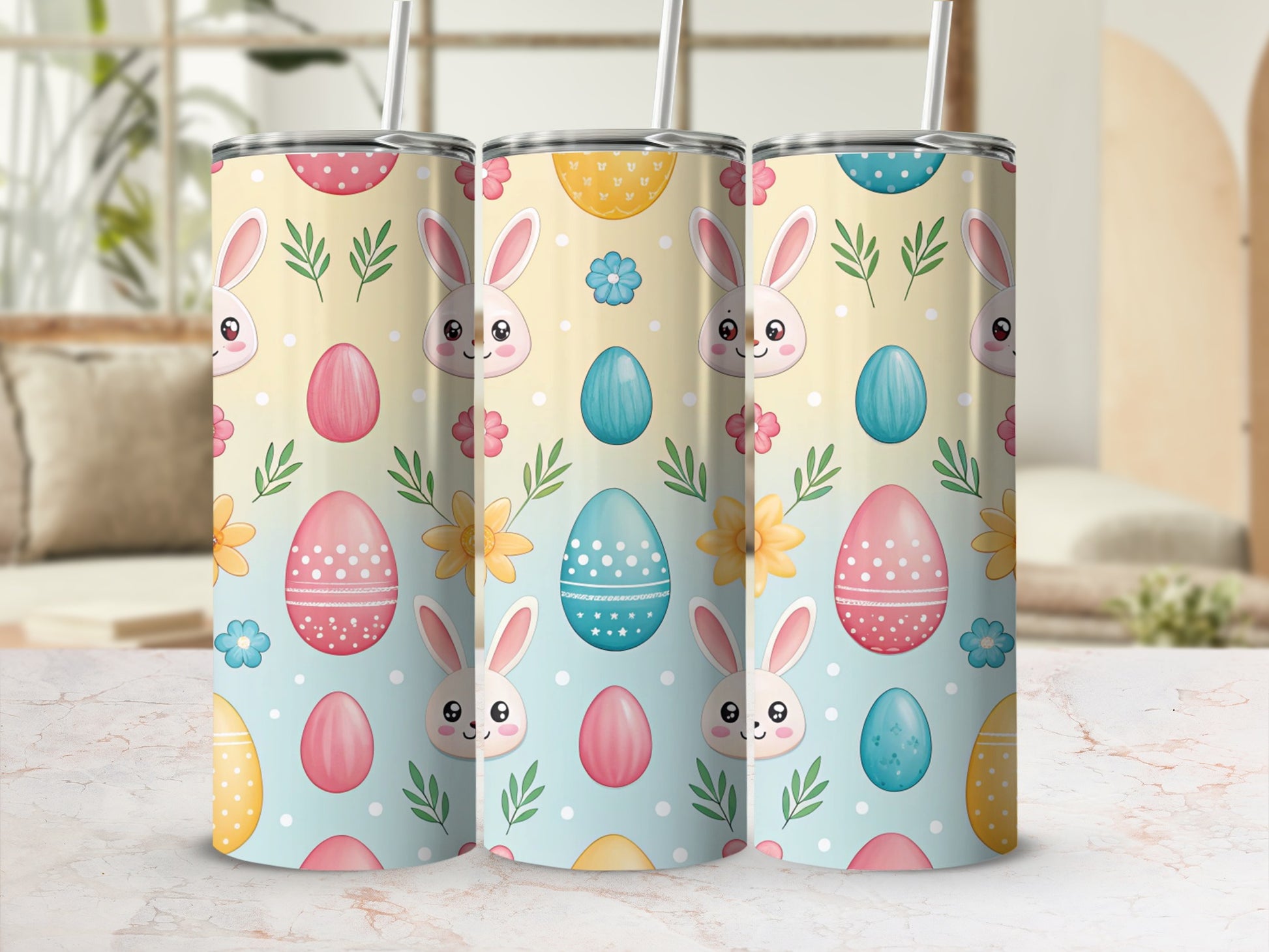 Easter tumblers with bunnies, eggs, and flowers in pastel colors.