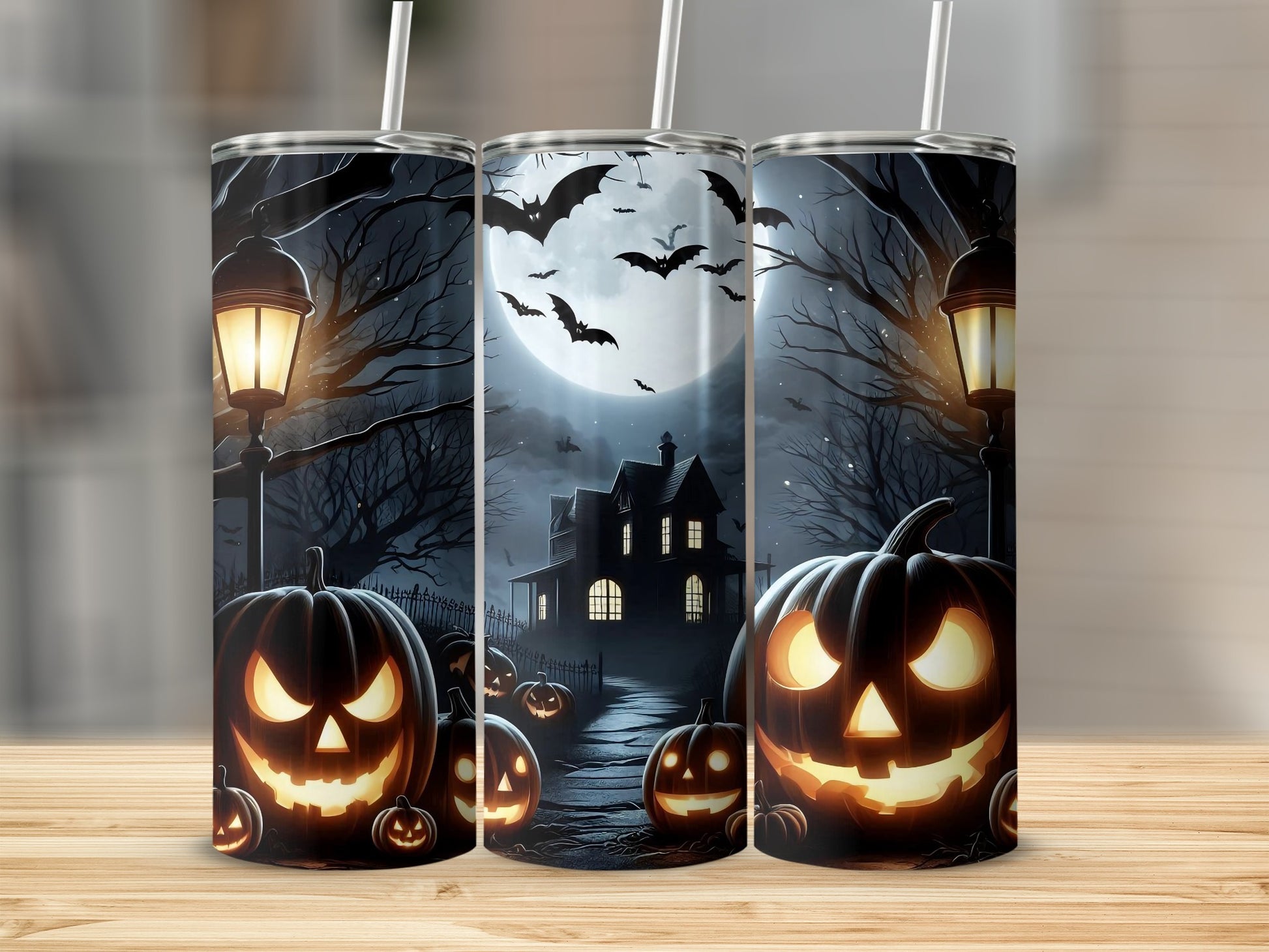 Halloween scene with jack-o'-lanterns, haunted house, and bats under a full moon.