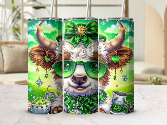 St. Patrick's Day cow tumbler with green glasses, clover, and shamrock accents.