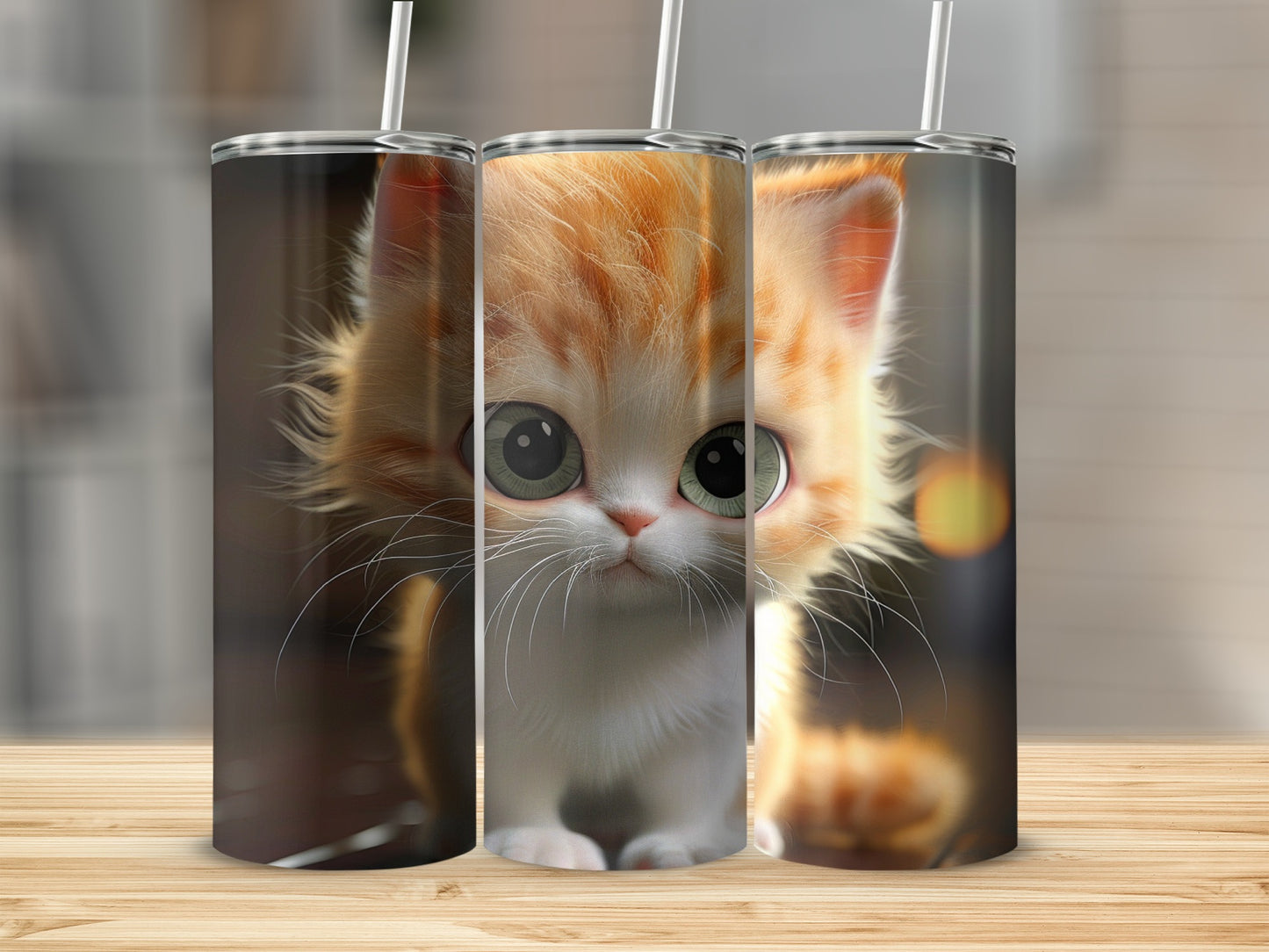 Cute fluffy kitten with large green eyes on a tumbler.
