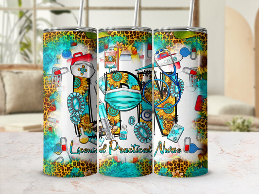 Three tumblers with sunflowers, medical symbols, and "LPN Licensed Practical Nurse" text.