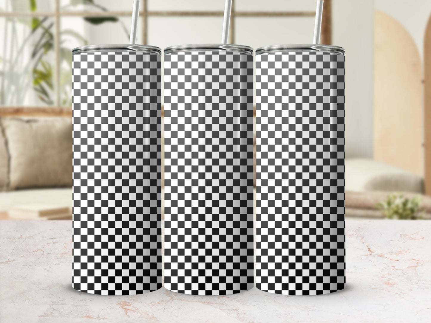 Three tumblers with black and white checkerboard pattern.