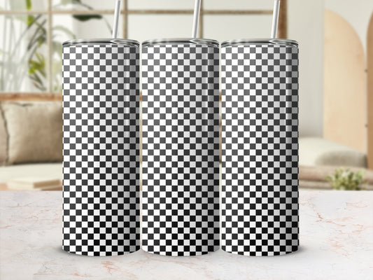 Three tumblers with black and white checkerboard pattern.