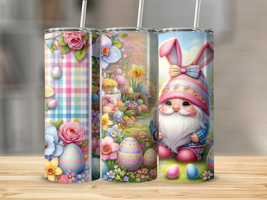 Easter gnome with colorful eggs and flowers on three tumblers.