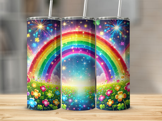 Rainbow and fireworks over a field of flowers and clover.