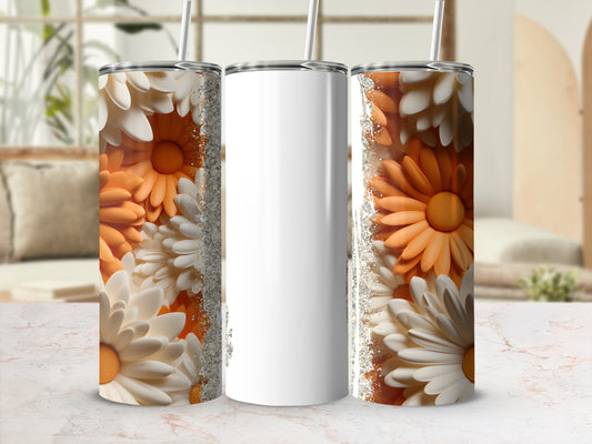 White tumbler with floral pattern and glitter accents.