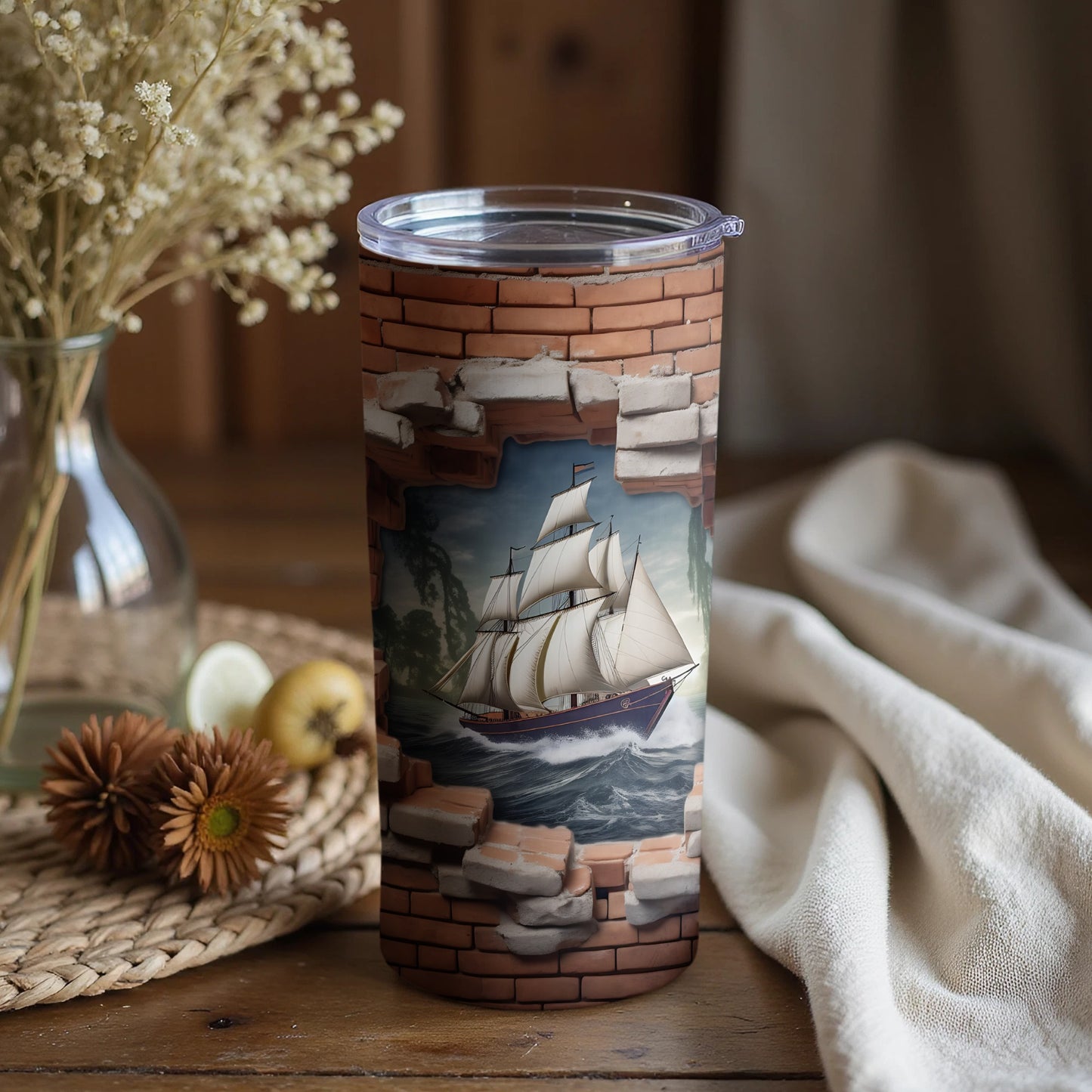 Sailing Ship Breaking Through Brick Wall Tumbler