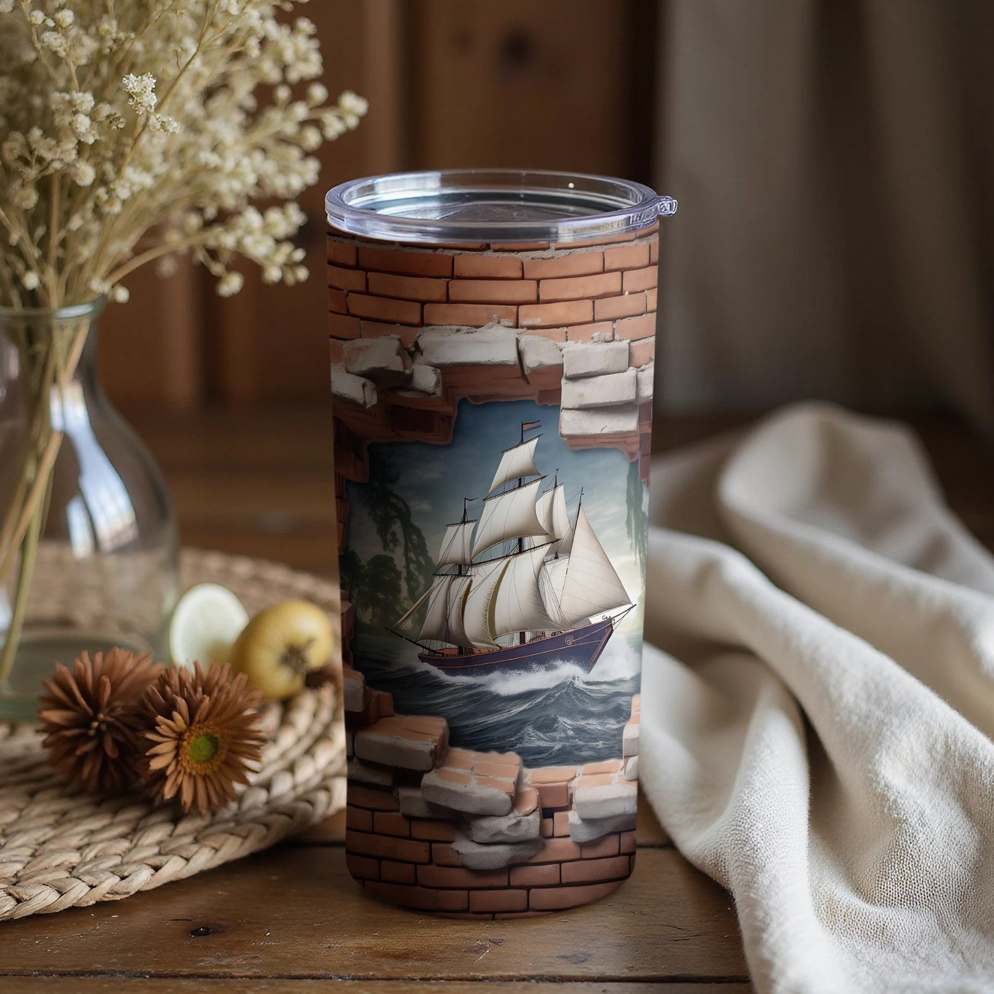 Sailing Ship Breaking Through Brick Wall Tumbler