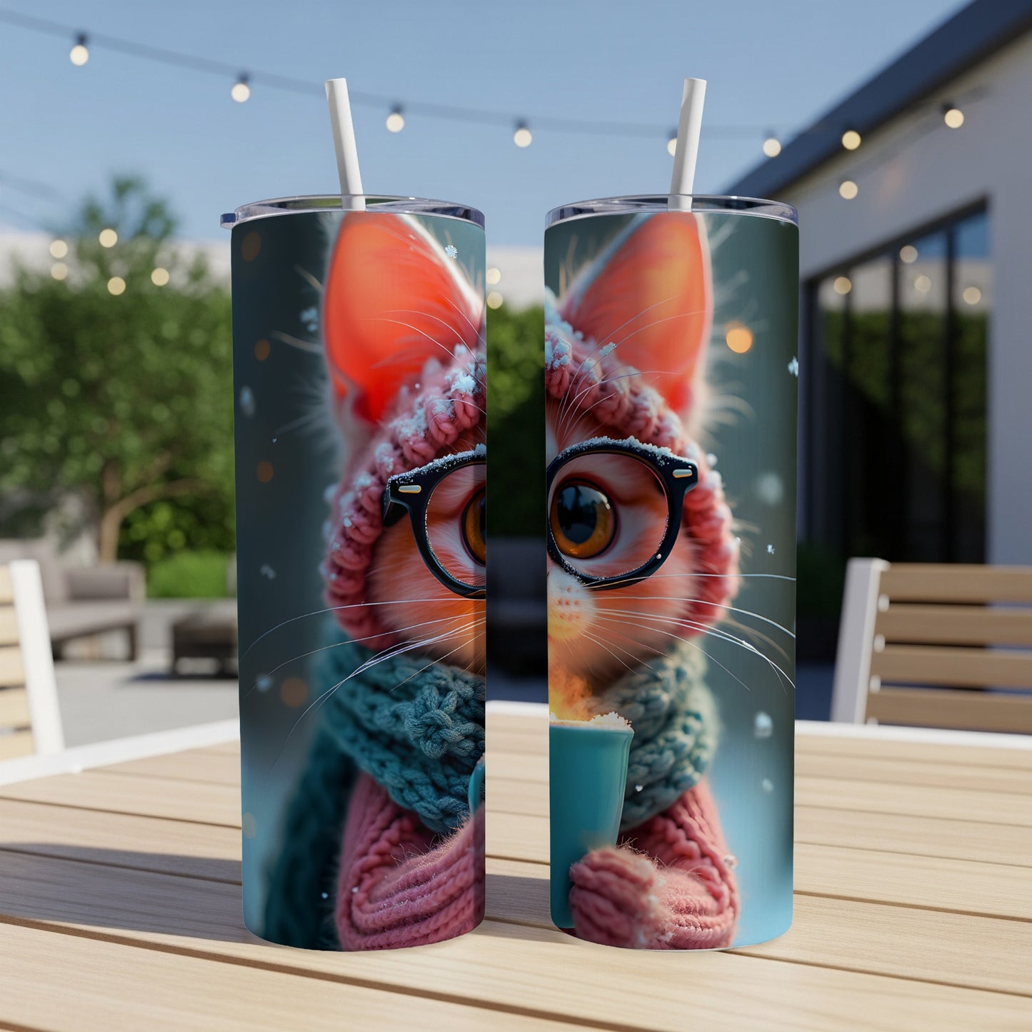 Cat wearing a hat and scarf holding a mug on a table.