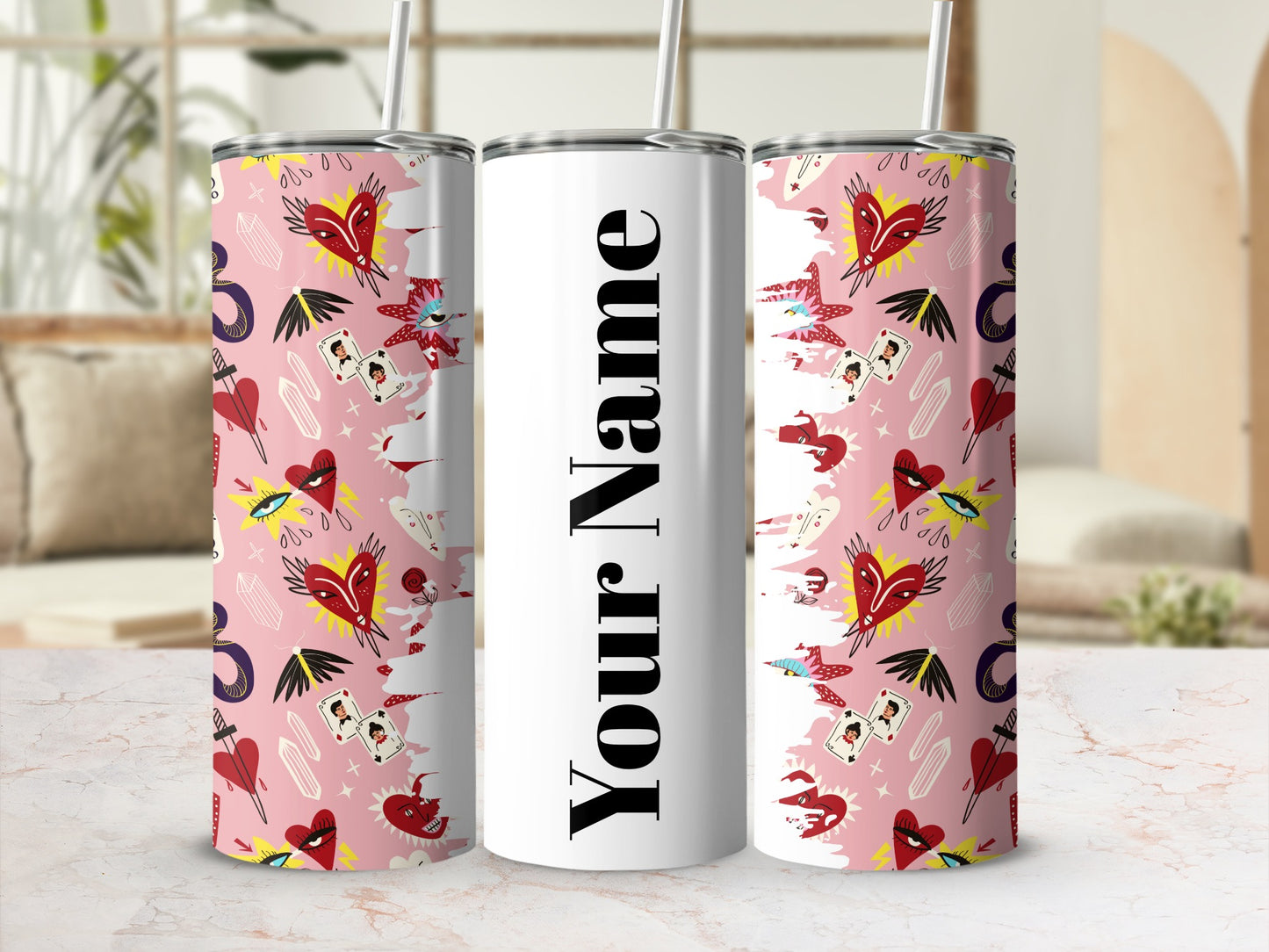 Personalized Pink and White Tumbler with Hearts Design