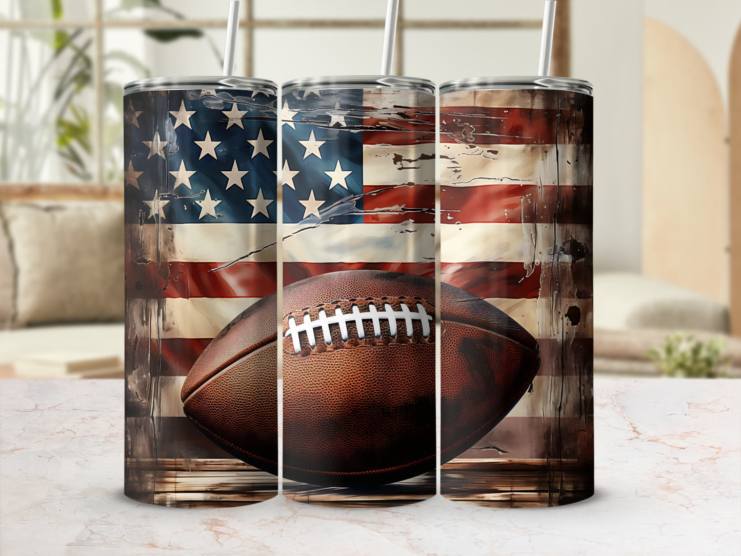 American flag tumbler with football detail, presented in a home setting.