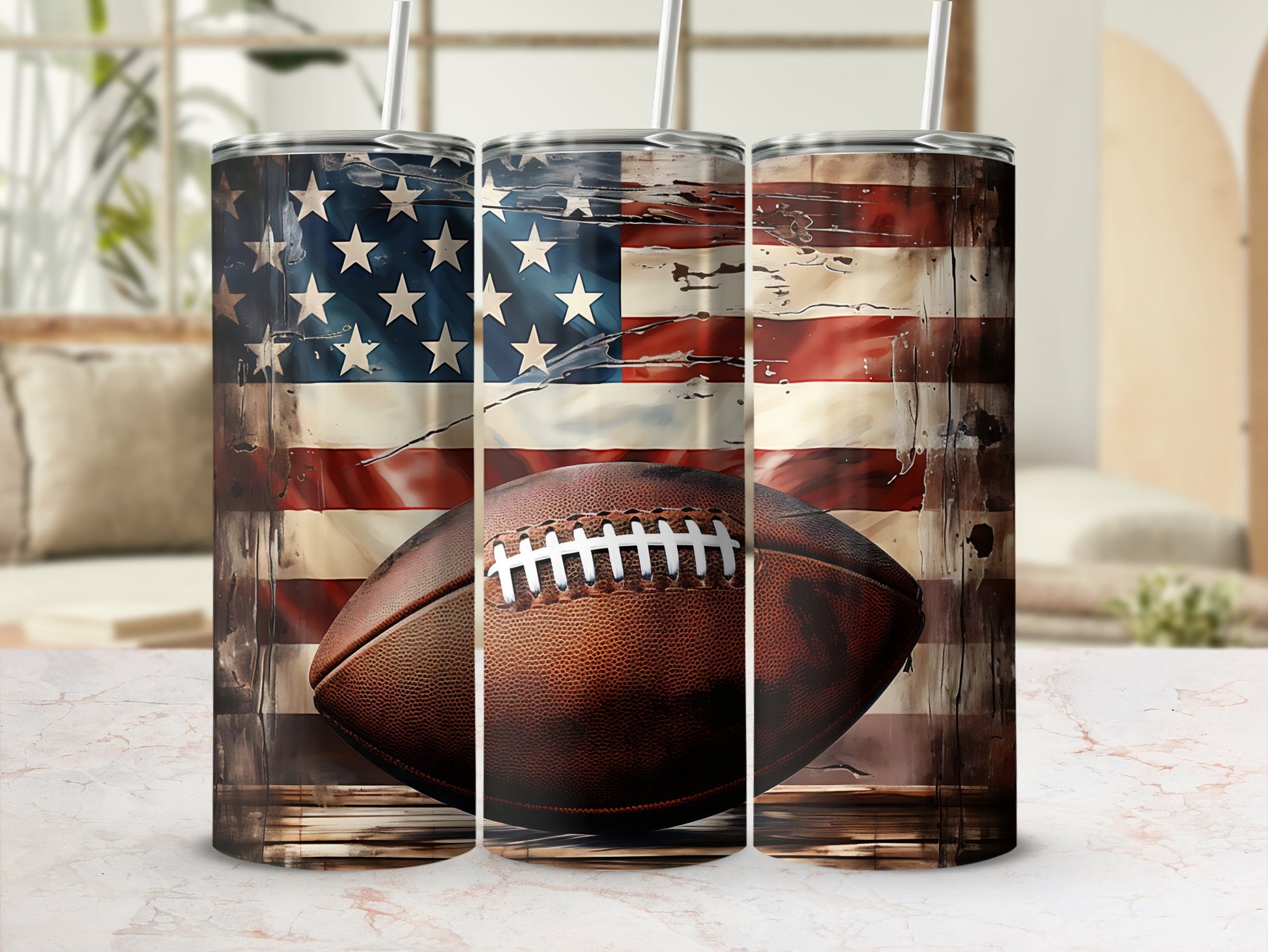 American flag tumbler with football detail, presented in a home setting.