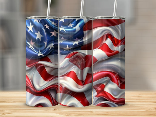 Three tumblers with American flag design and red and white stripes.