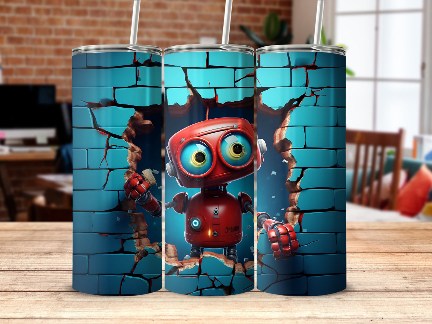 Cute Robot Breaking Through Brick Wall Tumbler Design