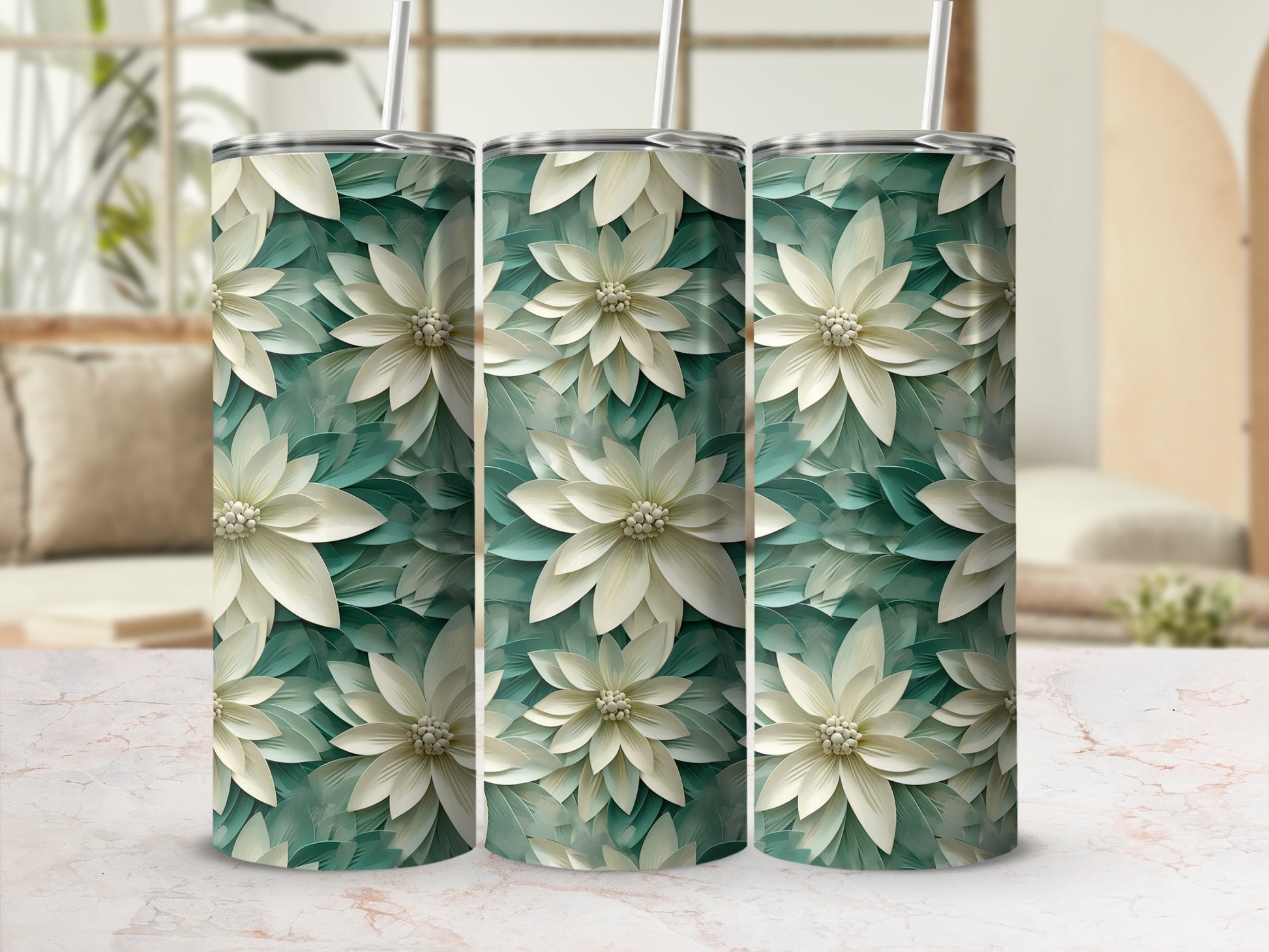 Floral Patterned Tumbler with Straw Stylish Drinkware