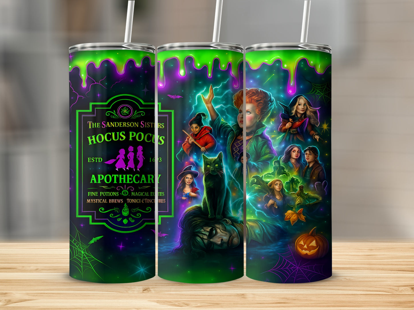 The Sanderson Sisters Hocus Pocus Apothecary design features witches, a black cat, and Halloween elements.