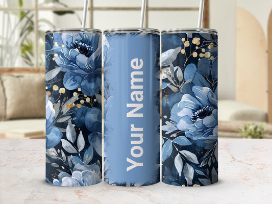Personalized Blue Floral Tumbler with Custom Name Option