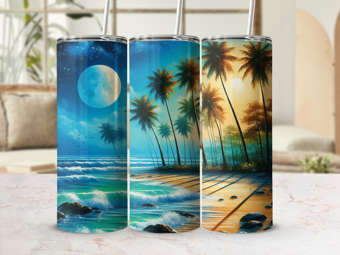 Three tumblers with beach and palm tree sunset scenes.